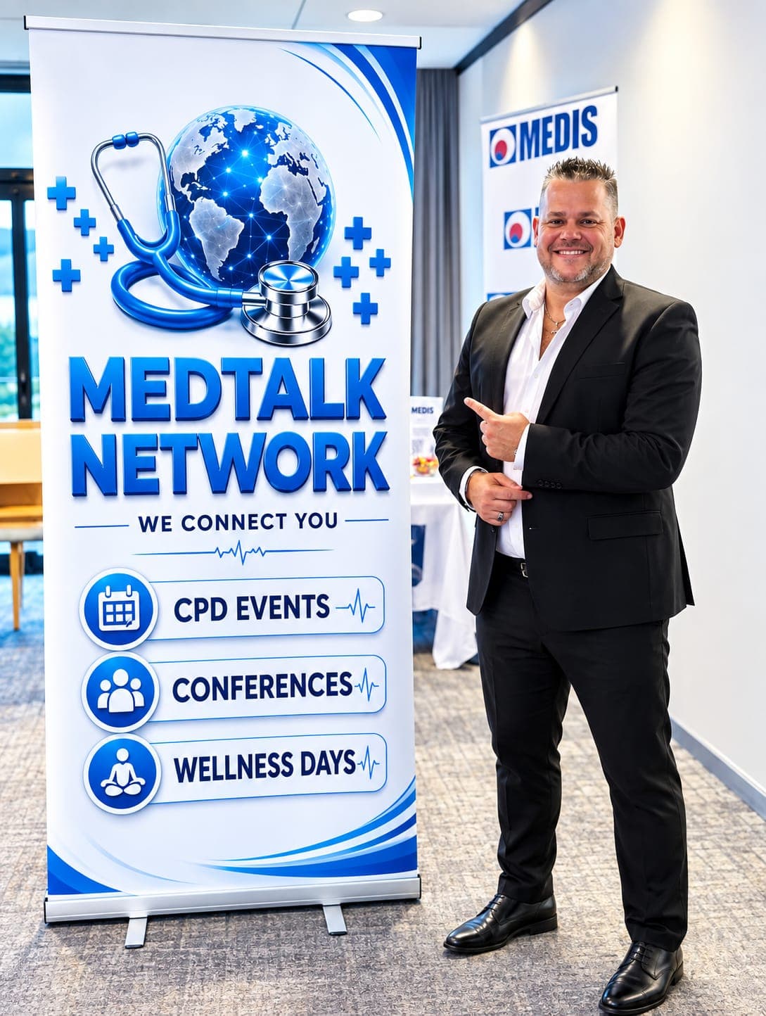 MedTalk Network representative standing beside the MedTalk Network roll-up banner at an event